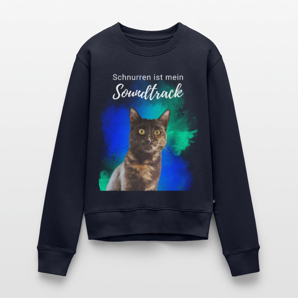 Damen Pullover „Schnurren ist mein Soundtrack“ – Nala mit Farbsplash – weißer Print 😻🎶 - Navy