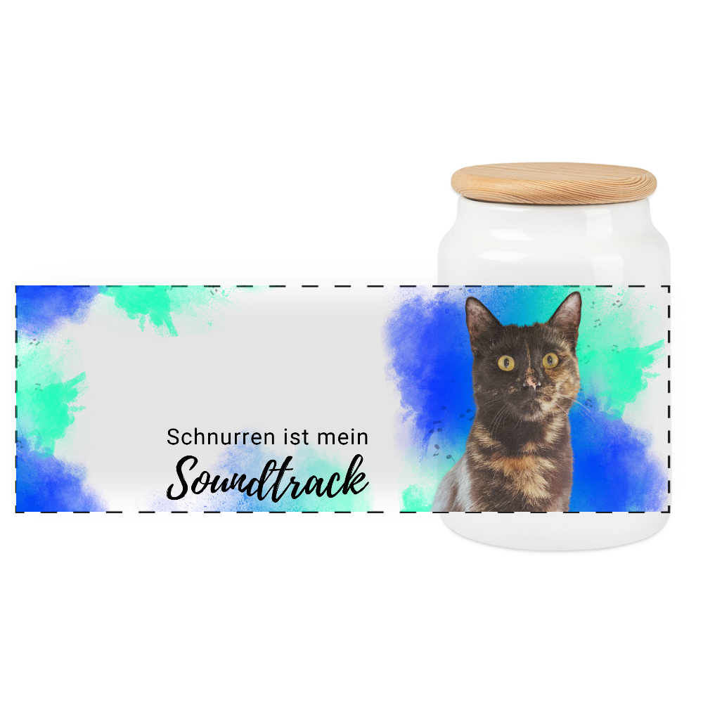 LiNBW. Leckerlidose aus Keramik mit Holzdeckel Schnurren ist mein Soundtrack - Weiß