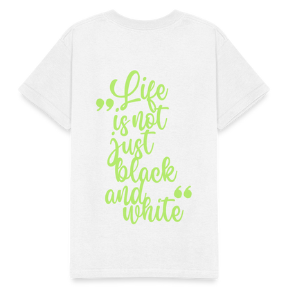 Kinder-T-Shirt – „LiNBW.“ Logo vorne & Zitat hinten | Doppelseitiger Style für tierliebe Kids - Weiß