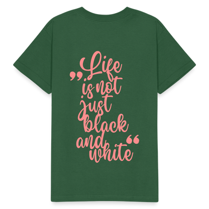 Kinder-T-Shirt – „LiNBW.“ Logo vorne & Zitat hinten | Doppelseitiger Style für tierliebe Kids - Flaschengrün