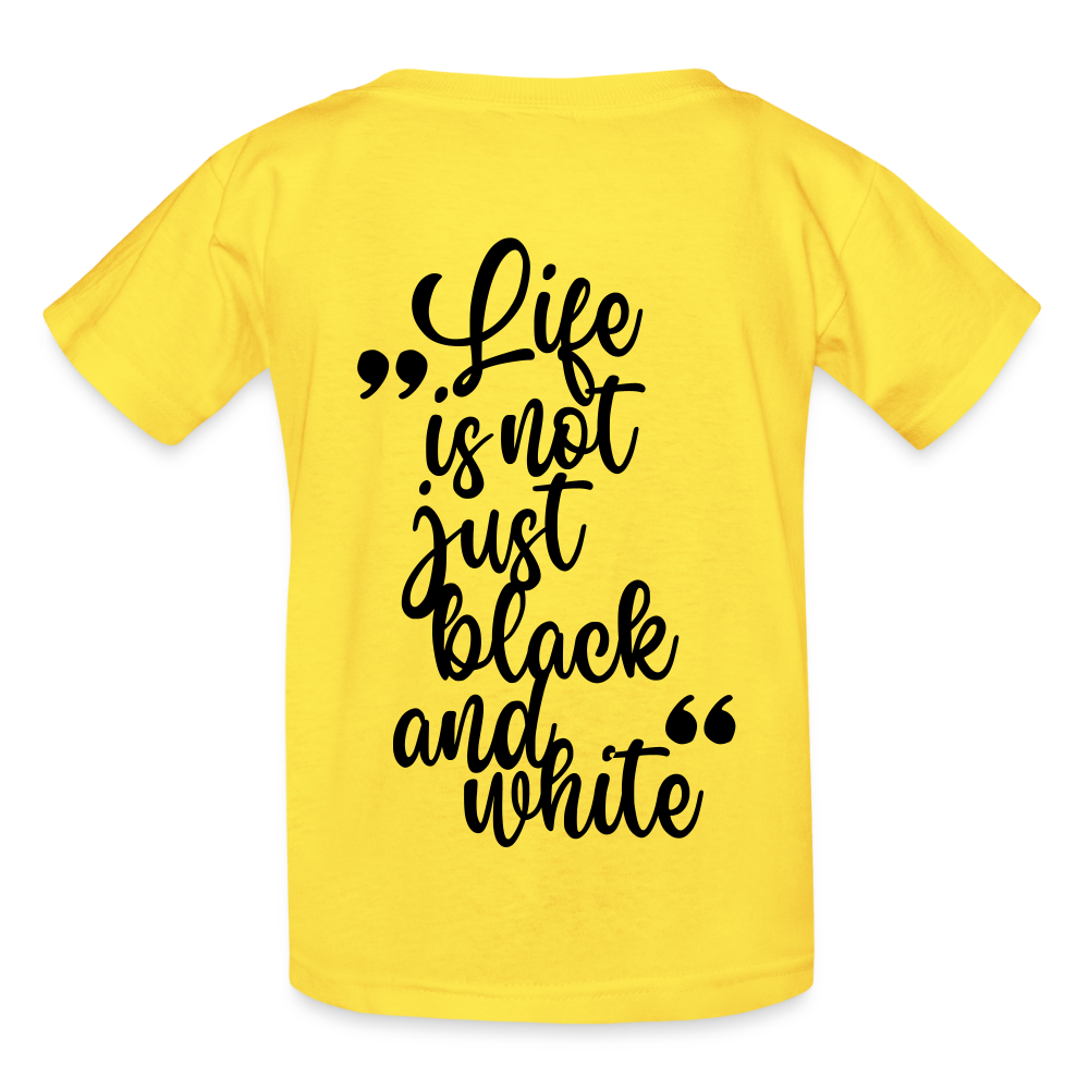 Kinder-T-Shirt – „LiNBW.“ Logo vorne & Zitat hinten | Doppelseitiger Style für tierliebe Kids - Gelb