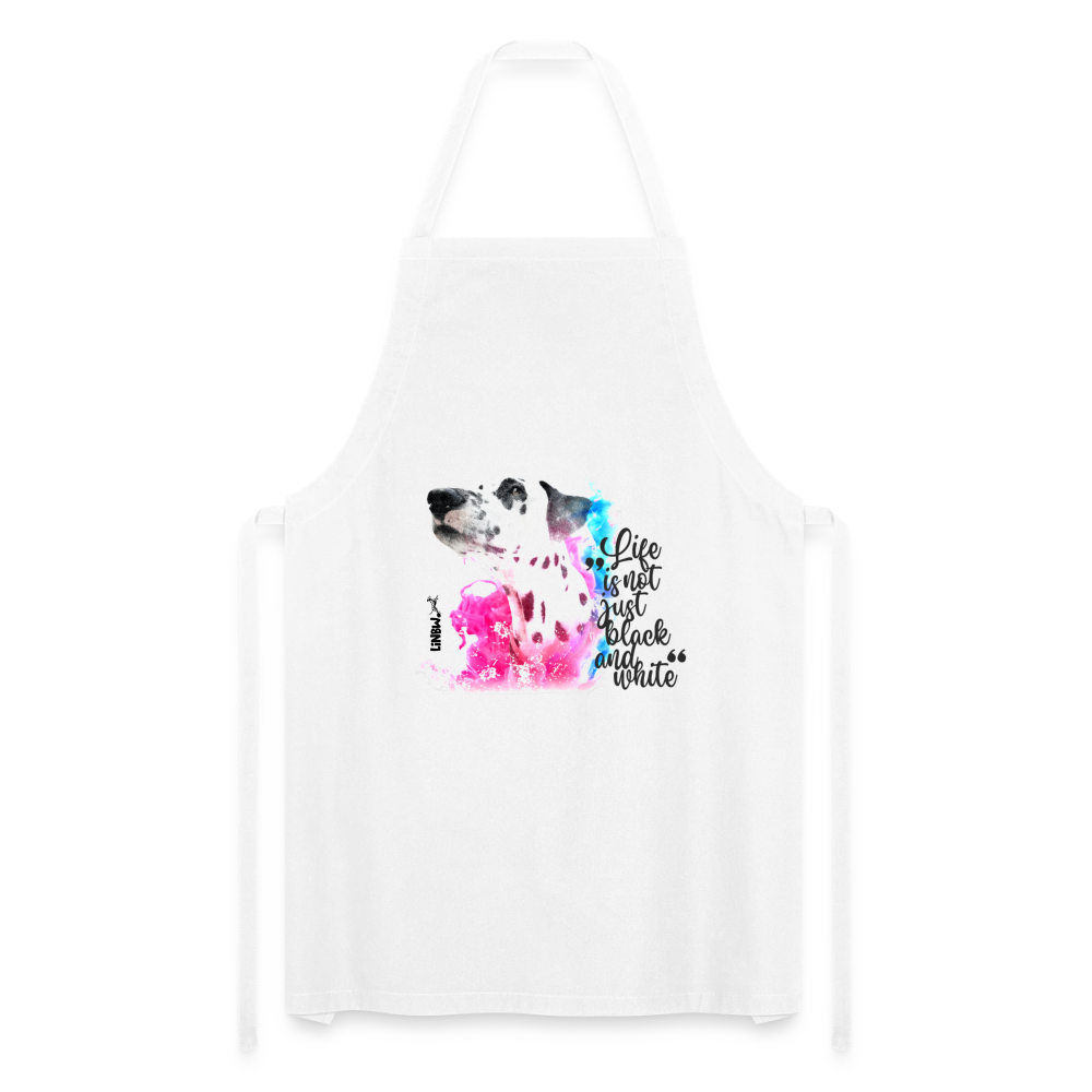Kochschürze „Life is not just black and white“ – Statement mit Dalmatiner und Farb-Splash - Weiß