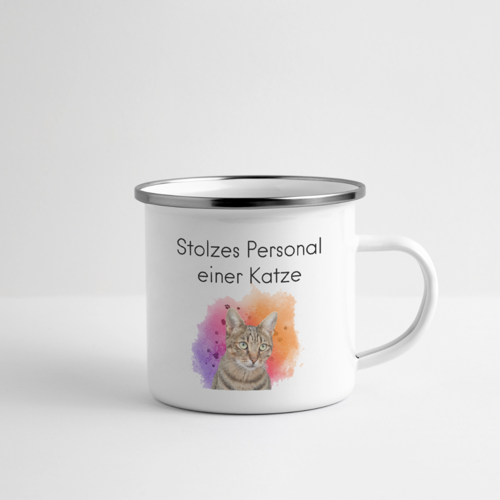 LiNBW. Emaille-Tasse Stolzes Personal einer Katze - Weiß