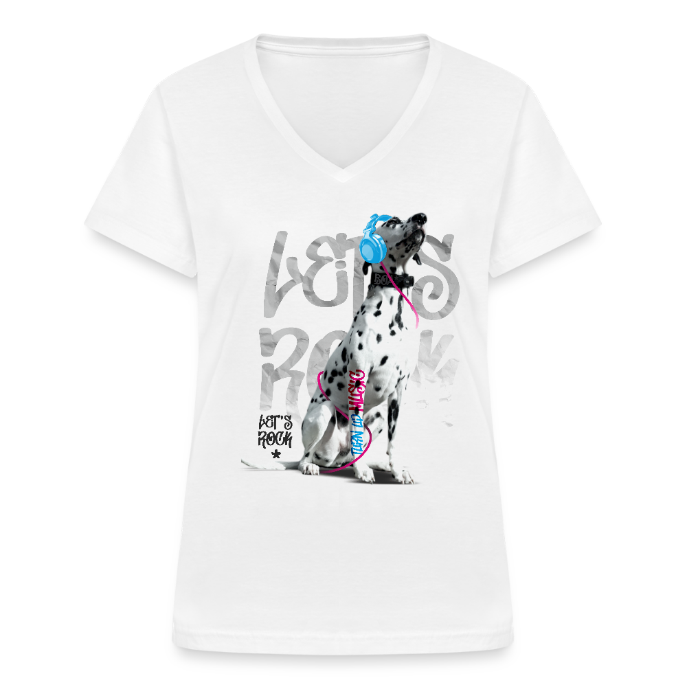 LiNBW. Frauen T-Shirt V-Ausschnitt Dalmatiner Let's Rock - Weiß