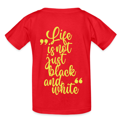 Kinder-T-Shirt – „LiNBW.“ Logo vorne & Zitat hinten | Doppelseitiger Style für tierliebe Kids - Rot