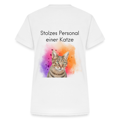 LiNBW. Frauen T-Shirt V-Ausschnitt Stolzes Personal einer Katze - Weiß
