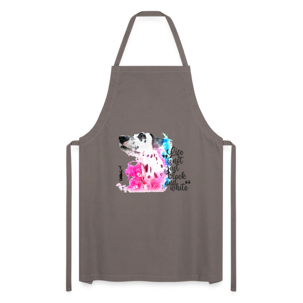 Kochschürze „Life is not just black and white“ – Statement mit Dalmatiner und Farb-Splash - Grau