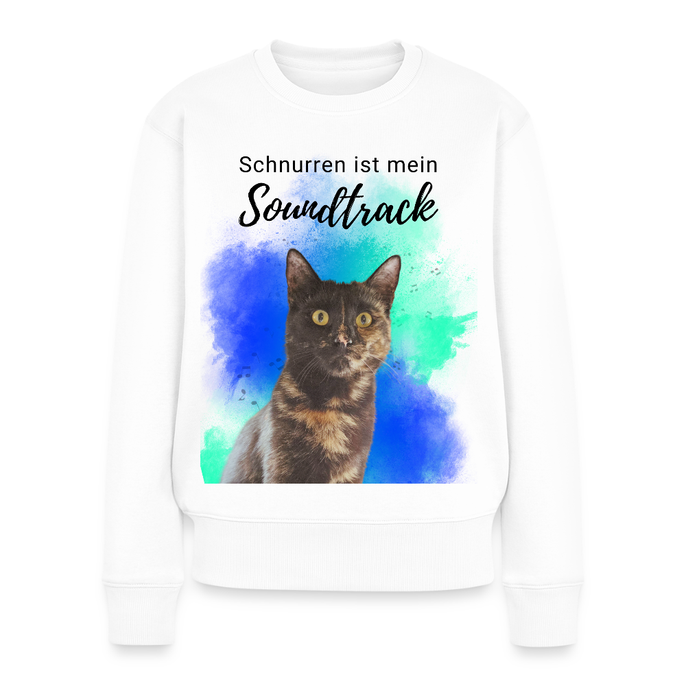 Damen Pullover „Schnurren ist mein Soundtrack“ – Nala mit Farbsplash – schwarzer Print 😻🎶 - Weiß
