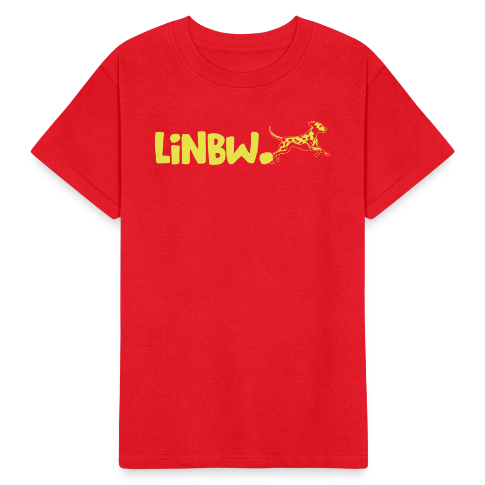 Kinder-T-Shirt – „LiNBW.“ Logo vorne & Zitat hinten | Doppelseitiger Style für tierliebe Kids - Rot