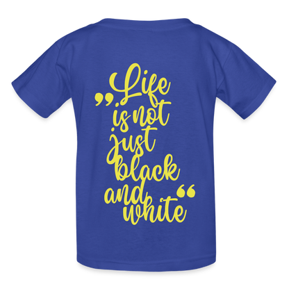 Kinder-T-Shirt – „LiNBW.“ Logo vorne & Zitat hinten | Doppelseitiger Style für tierliebe Kids - Royalblau