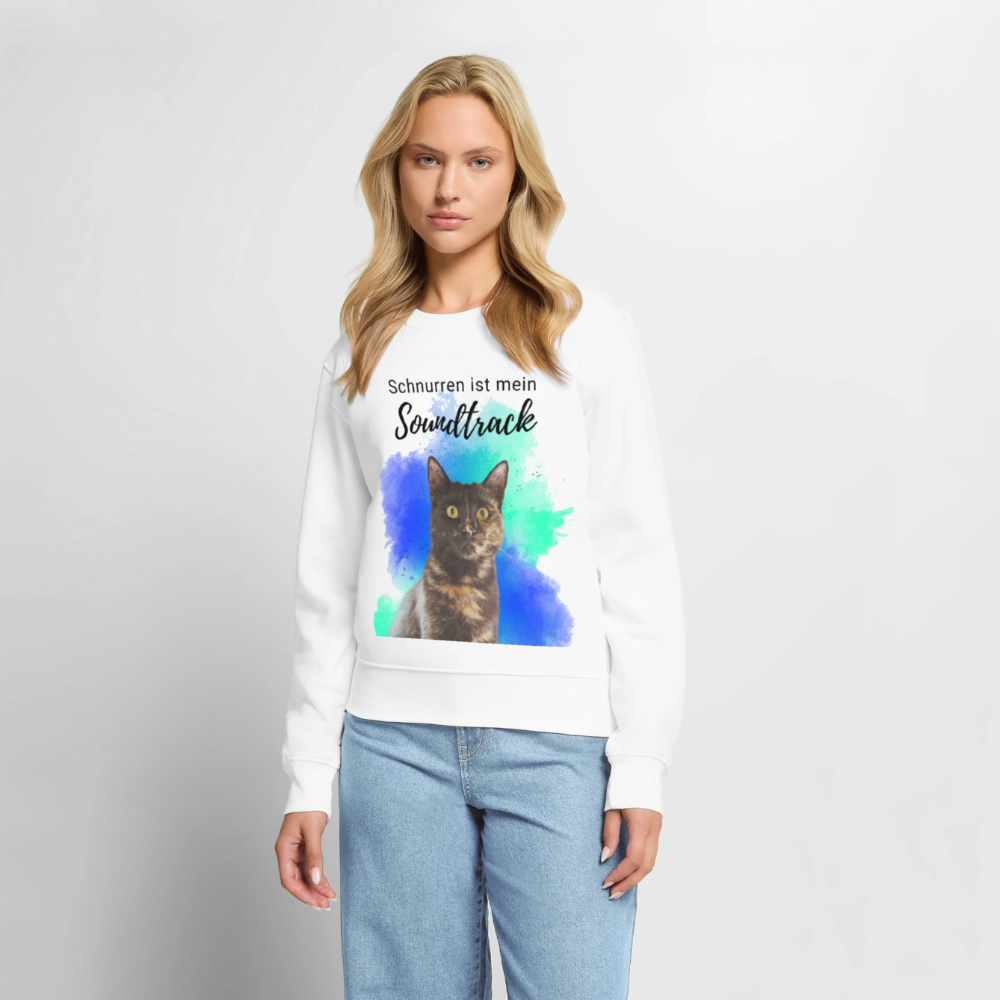 Damen Pullover „Schnurren ist mein Soundtrack“ – Nala mit Farbsplash – schwarzer Print 😻🎶 - Weiß