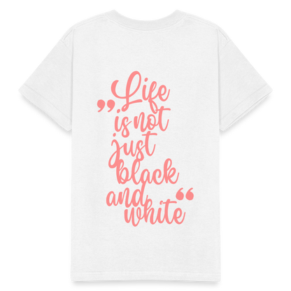 Kinder-T-Shirt – „LiNBW.“ Logo vorne & Zitat hinten | Doppelseitiger Style für tierliebe Kids - Weiß