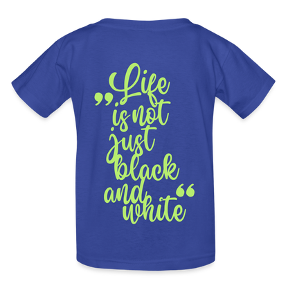 Kinder-T-Shirt – „LiNBW.“ Logo vorne & Zitat hinten | Doppelseitiger Style für tierliebe Kids - Royalblau