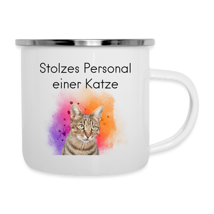 LiNBW. Emaille-Tasse Stolzes Personal einer Katze - Weiß