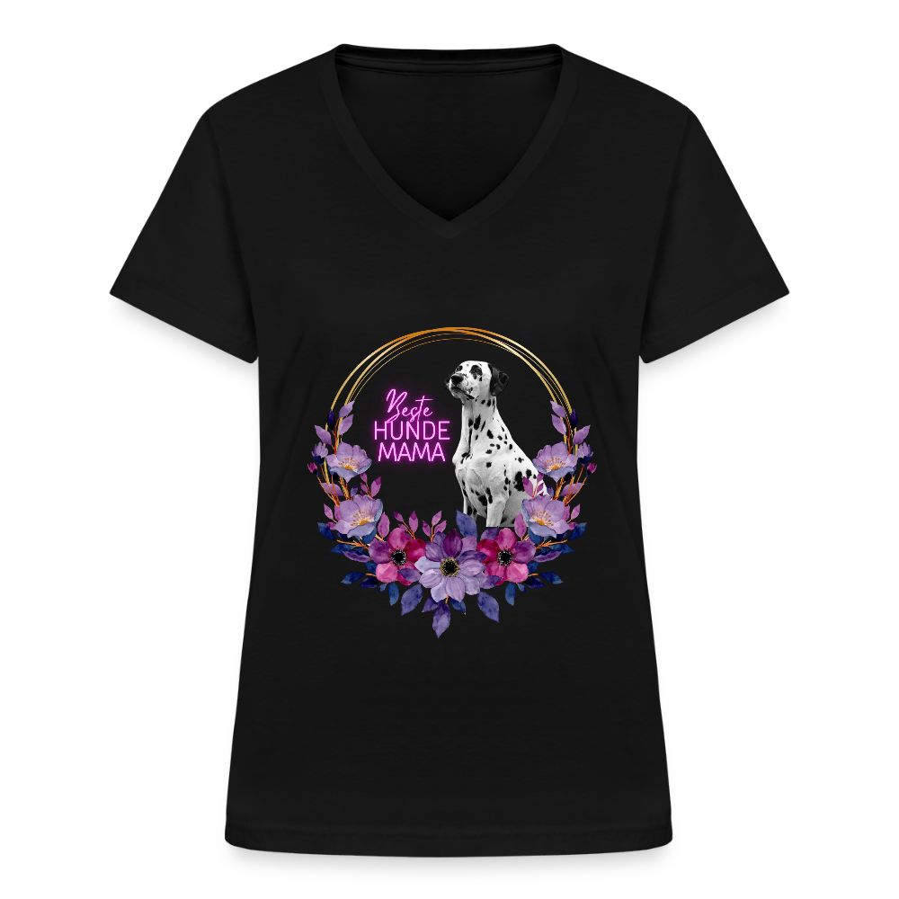 LiNBW. Frauen T-Shirt V-Ausschnitt Beste Hundemama - Schwarz