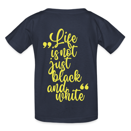 Kinder-T-Shirt – „LiNBW.“ Logo vorne & Zitat hinten | Doppelseitiger Style für tierliebe Kids - Navy