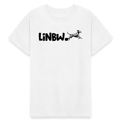 Kinder-T-Shirt – „LiNBW.“ Logo vorne & Zitat hinten | Doppelseitiger Style für tierliebe Kids - Weiß
