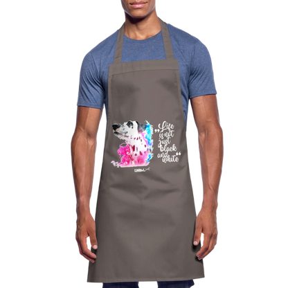 Kochschürze „Life is not just black and white“ – Statement mit Dalmatiner und Farb-Splash - Grau