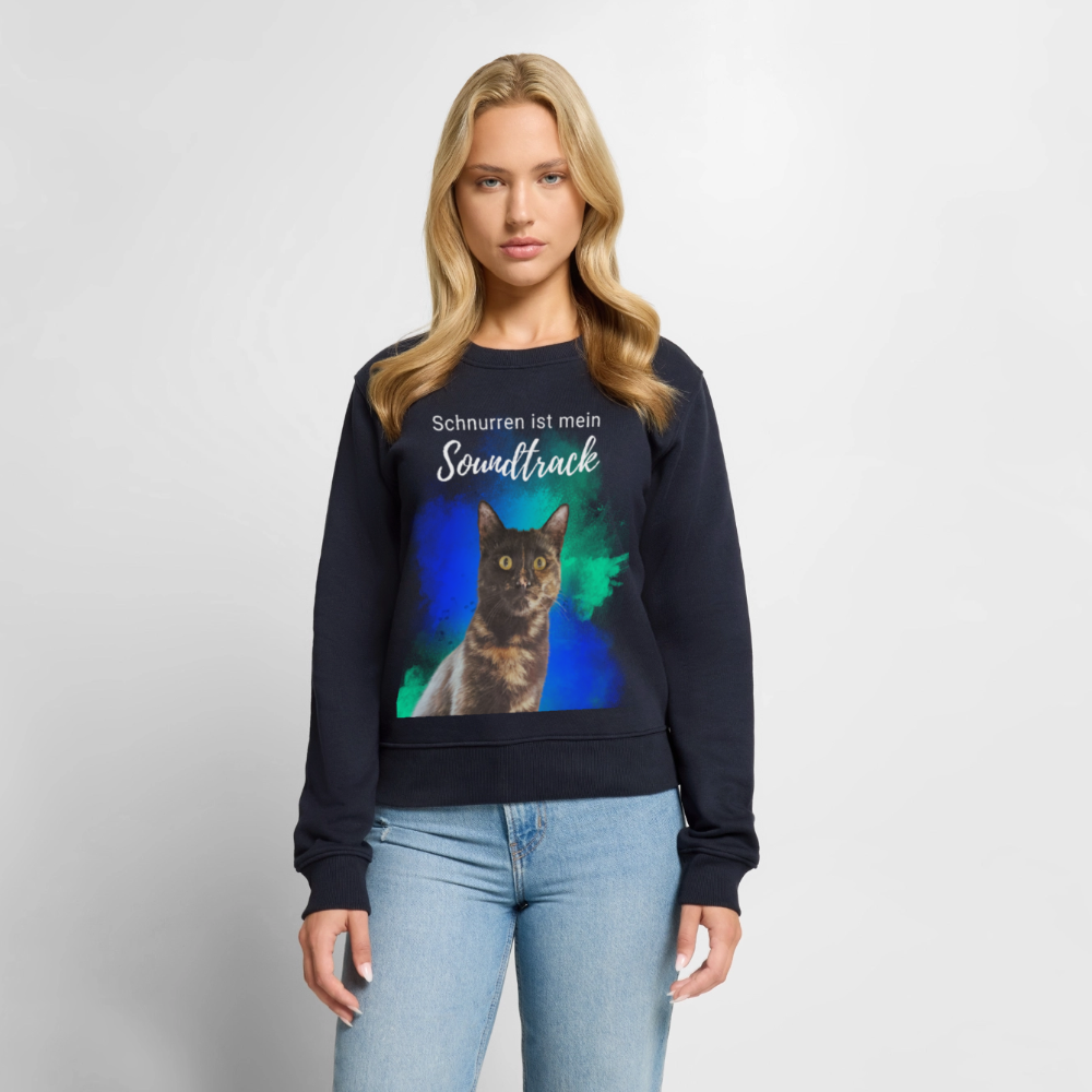 Damen Pullover „Schnurren ist mein Soundtrack“ – Nala mit Farbsplash – weißer Print 😻🎶 - Navy