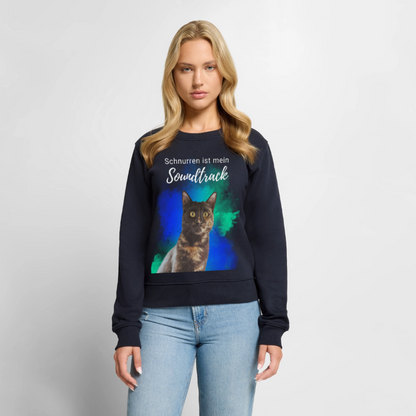 Damen Pullover „Schnurren ist mein Soundtrack“ – Nala mit Farbsplash – weißer Print 😻🎶 - Navy