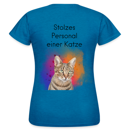 LiNBW. Frauen T-Shirt Stolzes Personal einer Katze - Antikblaues Saphir meliert