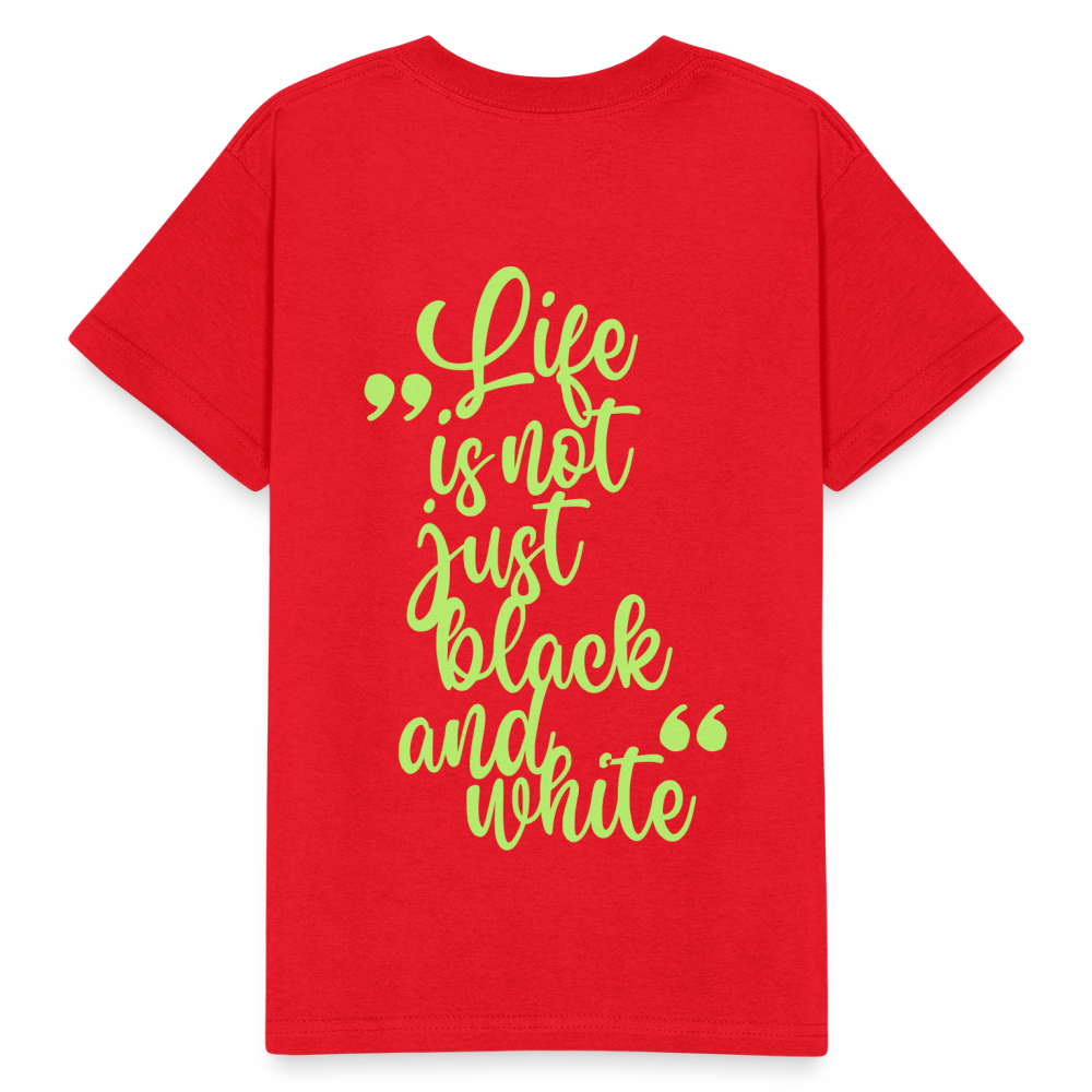 Kinder-T-Shirt – „LiNBW.“ Logo vorne & Zitat hinten | Doppelseitiger Style für tierliebe Kids - Rot