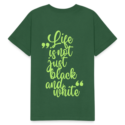 Kinder-T-Shirt – „LiNBW.“ Logo vorne & Zitat hinten | Doppelseitiger Style für tierliebe Kids - Flaschengrün