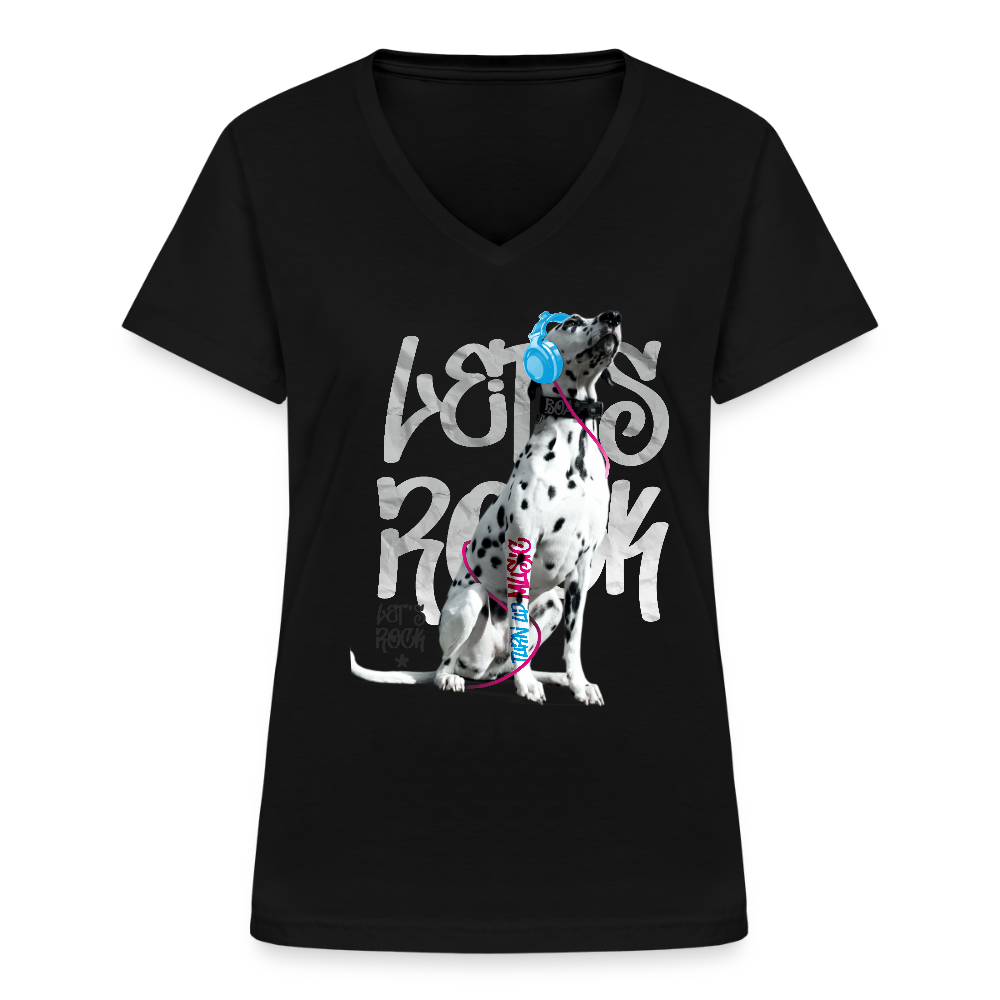 LiNBW. Frauen T-Shirt V-Ausschnitt Dalmatiner Let's Rock - Schwarz