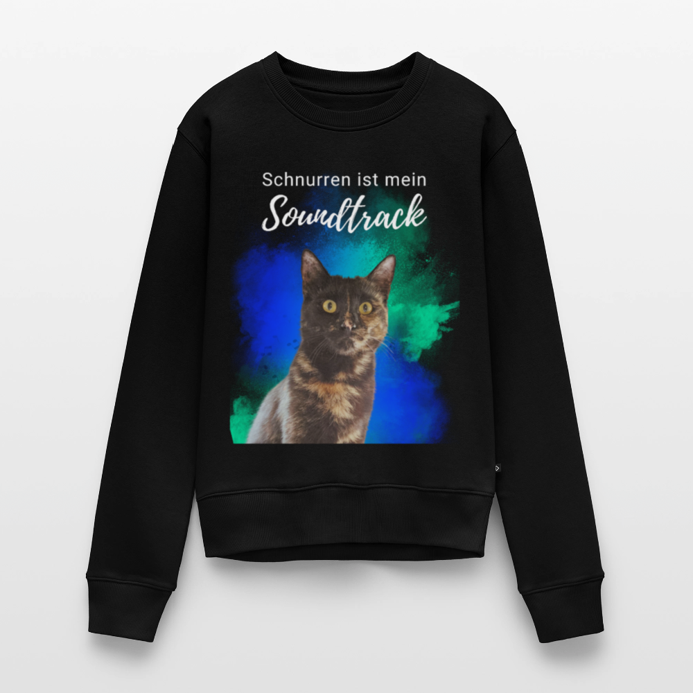 Damen Pullover „Schnurren ist mein Soundtrack“ – Nala mit Farbsplash – weißer Print 😻🎶 - Schwarz