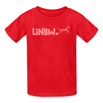 Kinder-T-Shirt – „LiNBW.“ Logo vorne & Zitat hinten | Doppelseitiger Style für tierliebe Kids - Rot