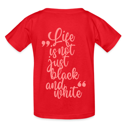 Kinder-T-Shirt – „LiNBW.“ Logo vorne & Zitat hinten | Doppelseitiger Style für tierliebe Kids - Rot