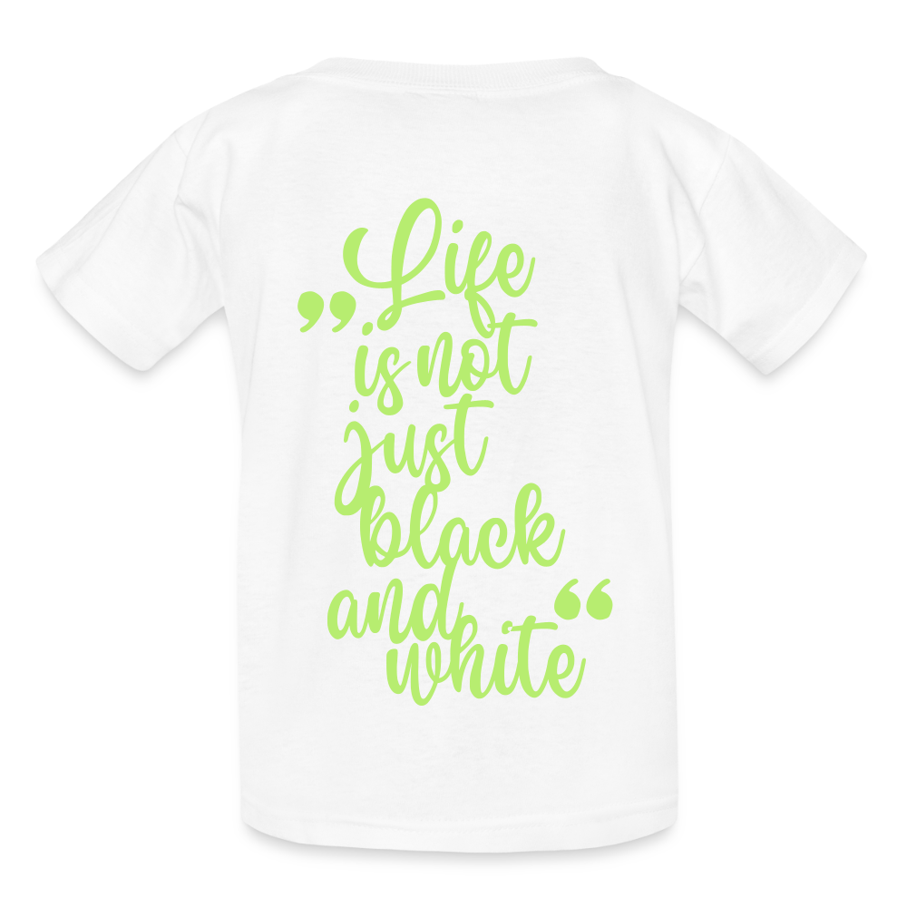 Kinder-T-Shirt – „LiNBW.“ Logo vorne & Zitat hinten | Doppelseitiger Style für tierliebe Kids - Weiß