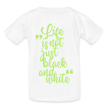 Kinder-T-Shirt – „LiNBW.“ Logo vorne & Zitat hinten | Doppelseitiger Style für tierliebe Kids - Weiß