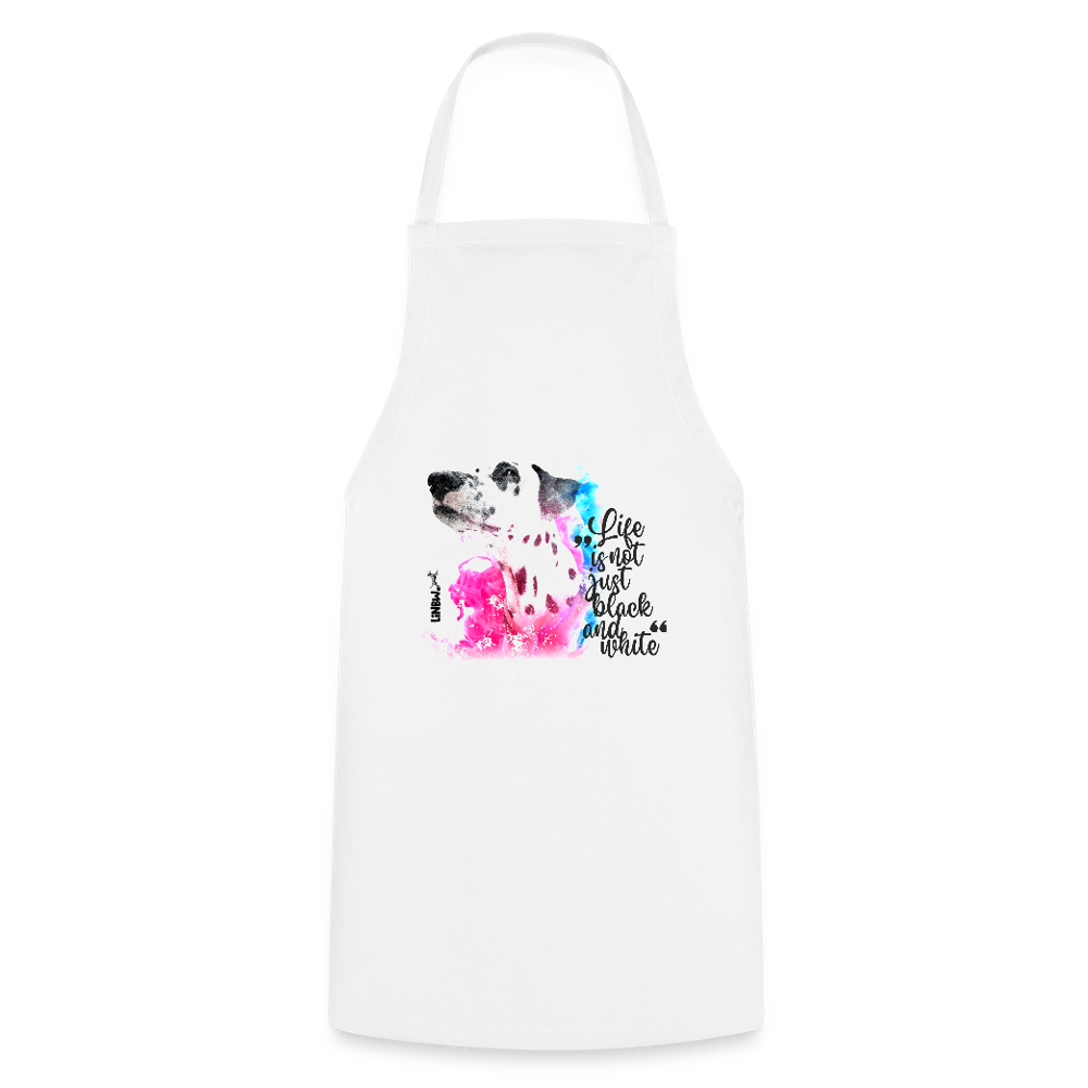 Kochschürze „Life is not just black and white“ – Statement mit Dalmatiner und Farb-Splash - Weiß