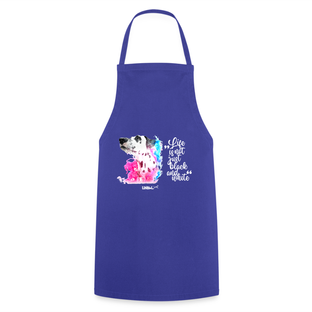 Kochschürze „Life is not just black and white“ – Statement mit Dalmatiner und Farb-Splash - Royalblau