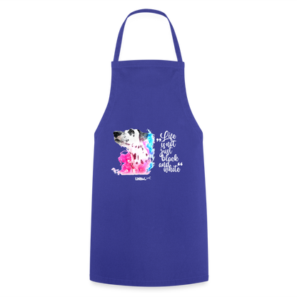 Kochschürze „Life is not just black and white“ – Statement mit Dalmatiner und Farb-Splash - Royalblau
