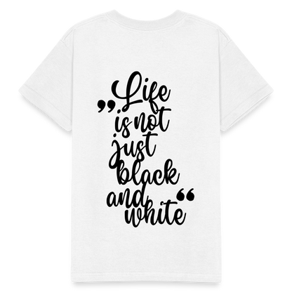 Kinder-T-Shirt – „LiNBW.“ Logo vorne & Zitat hinten | Doppelseitiger Style für tierliebe Kids - Weiß