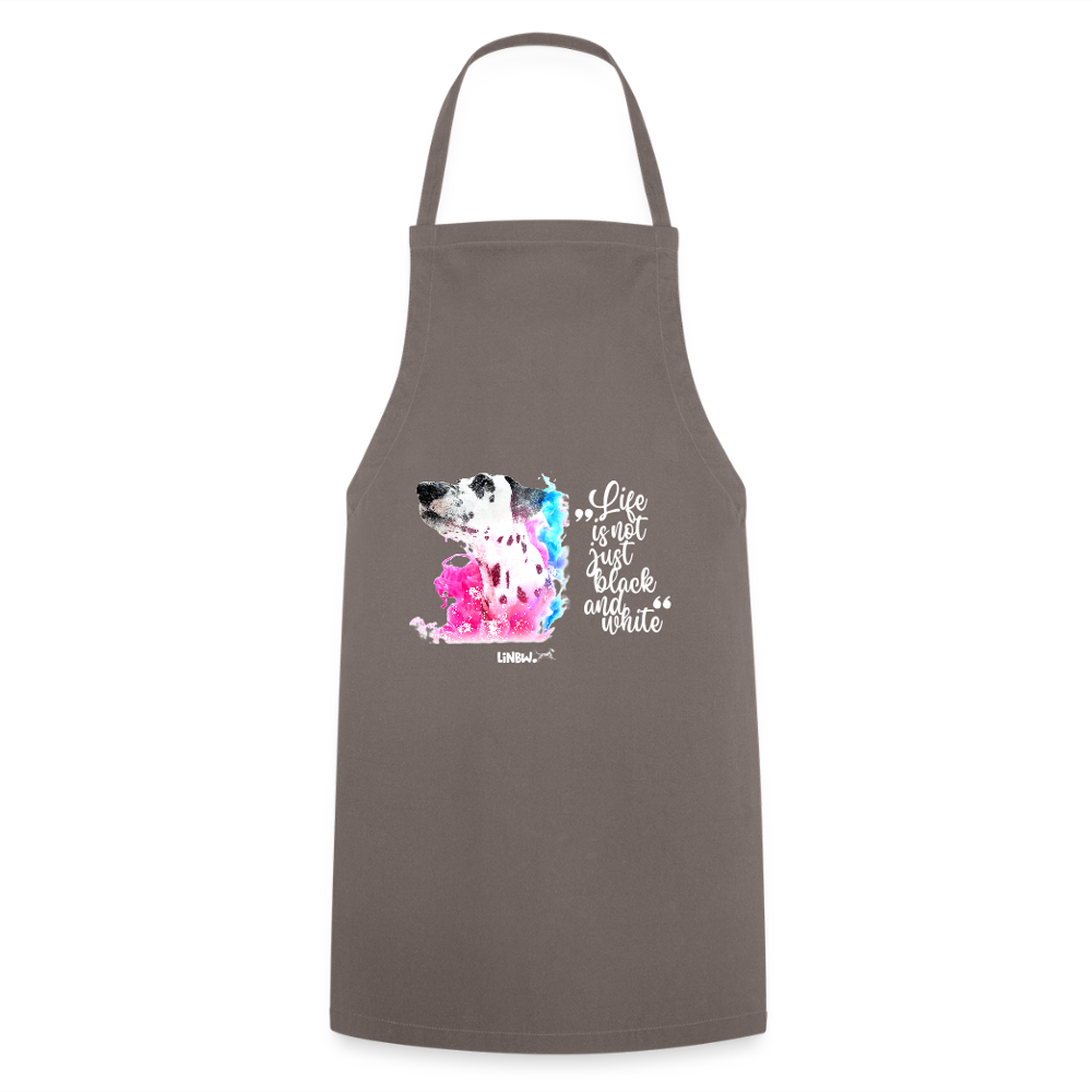 Kochschürze „Life is not just black and white“ – Statement mit Dalmatiner und Farb-Splash - Grau