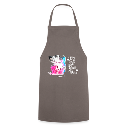 Kochschürze „Life is not just black and white“ – Statement mit Dalmatiner und Farb-Splash - Grau