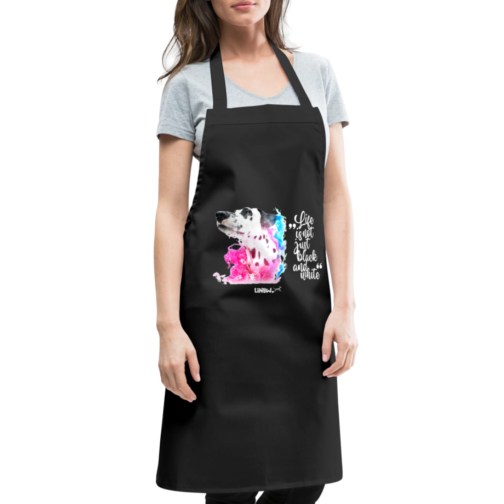 Kochschürze „Life is not just black and white“ – Statement mit Dalmatiner und Farb-Splash - Schwarz