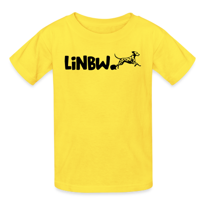 Kinder-T-Shirt – „LiNBW.“ Logo vorne & Zitat hinten | Doppelseitiger Style für tierliebe Kids - Gelb