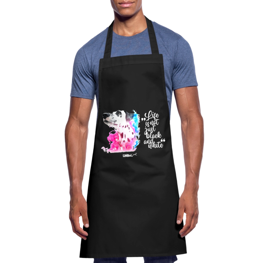 Kochschürze „Life is not just black and white“ – Statement mit Dalmatiner und Farb-Splash - Schwarz