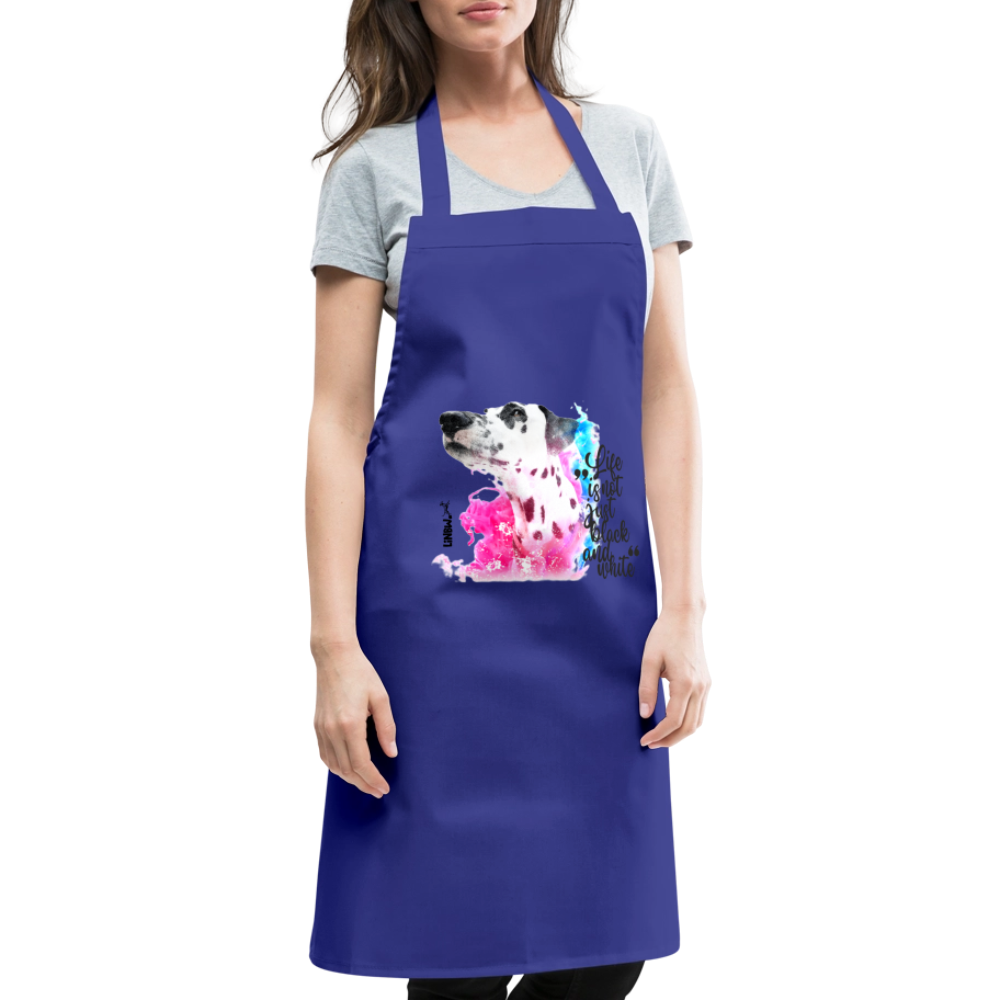 Kochschürze „Life is not just black and white“ – Statement mit Dalmatiner und Farb-Splash - Royalblau