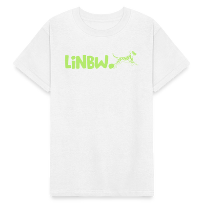 Kinder-T-Shirt – „LiNBW.“ Logo vorne & Zitat hinten | Doppelseitiger Style für tierliebe Kids - Weiß