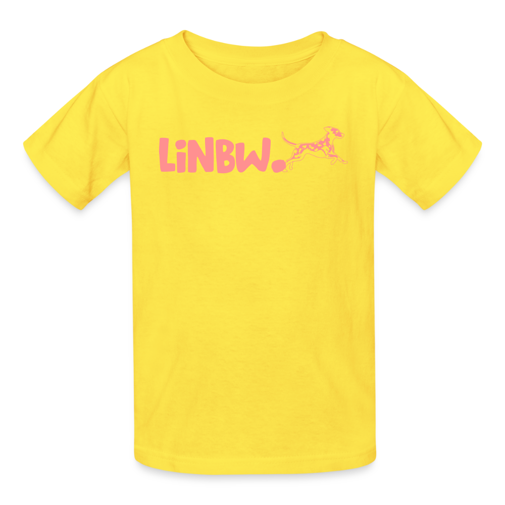 Kinder-T-Shirt – „LiNBW.“ Logo vorne & Zitat hinten | Doppelseitiger Style für tierliebe Kids - Gelb