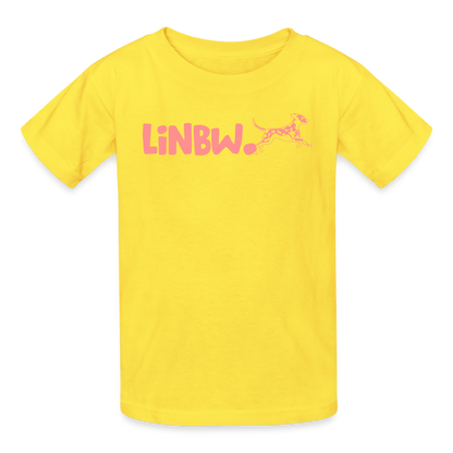Kinder-T-Shirt – „LiNBW.“ Logo vorne & Zitat hinten | Doppelseitiger Style für tierliebe Kids - Gelb