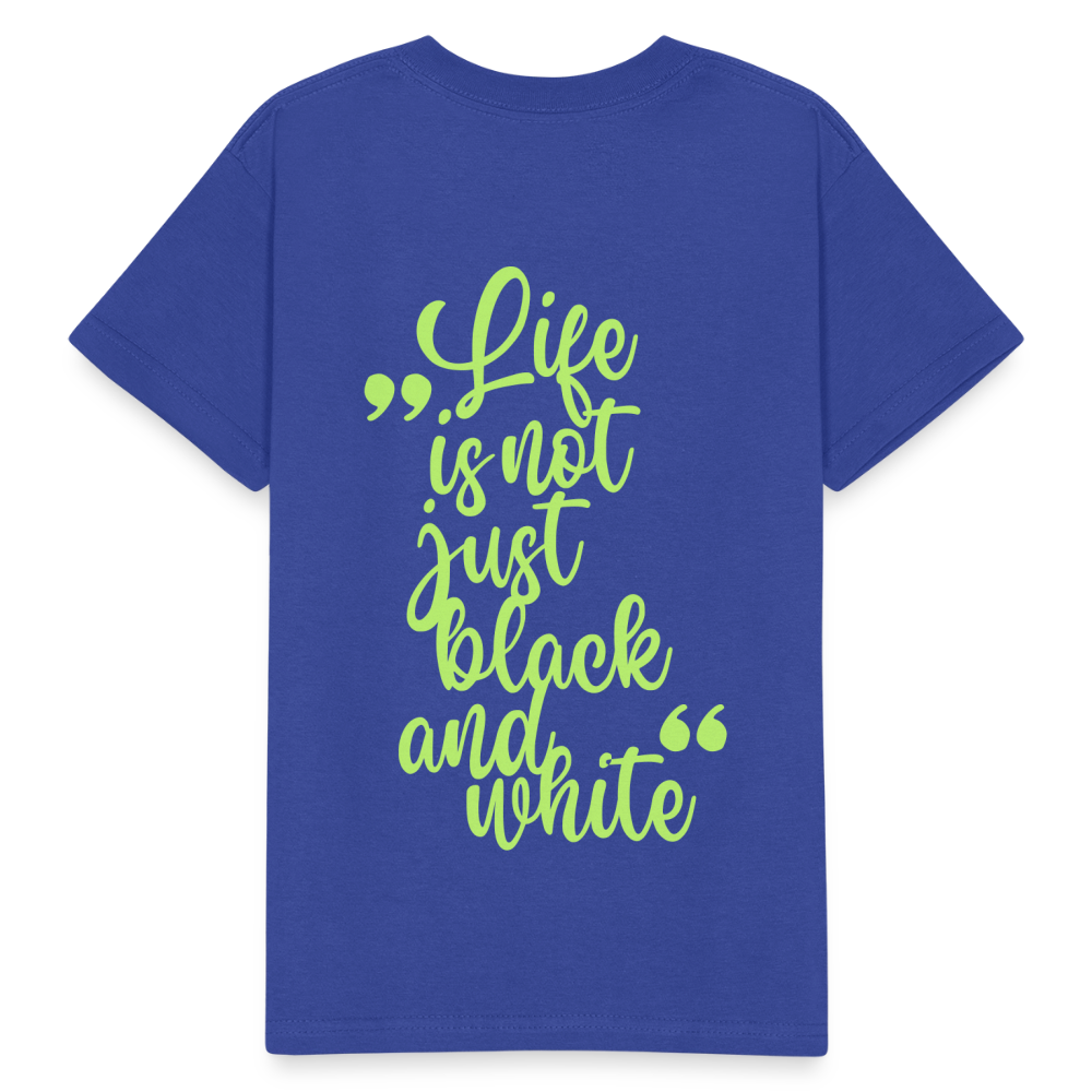 Kinder-T-Shirt – „LiNBW.“ Logo vorne & Zitat hinten | Doppelseitiger Style für tierliebe Kids - Royalblau