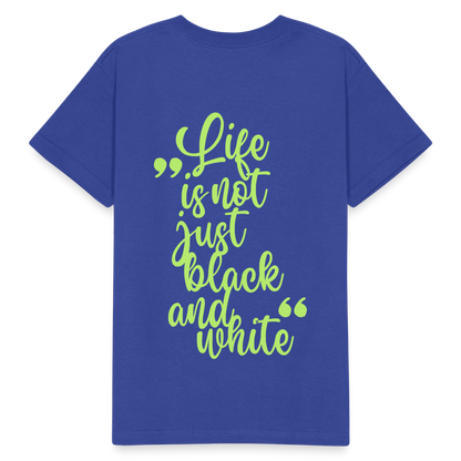 Kinder-T-Shirt – „LiNBW.“ Logo vorne & Zitat hinten | Doppelseitiger Style für tierliebe Kids - Royalblau