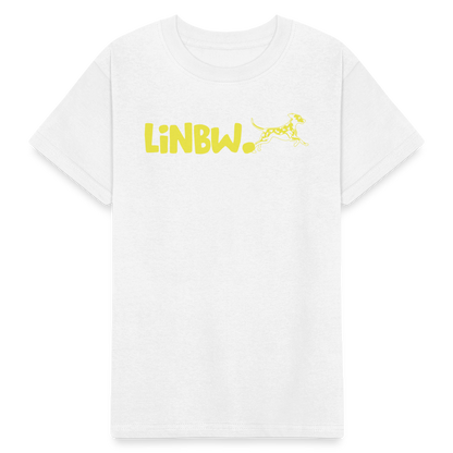 Kinder-T-Shirt – „LiNBW.“ Logo vorne & Zitat hinten | Doppelseitiger Style für tierliebe Kids - Weiß