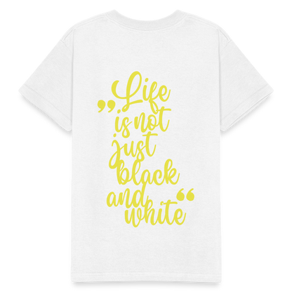 Kinder-T-Shirt – „LiNBW.“ Logo vorne & Zitat hinten | Doppelseitiger Style für tierliebe Kids - Weiß